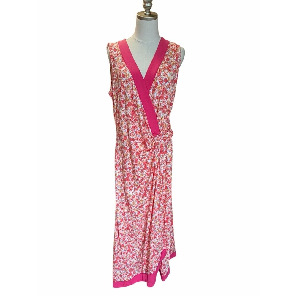 Lands End Womens Floral Faux Wrap Maxi Dress Size L Tall Coastal Beach Stretch